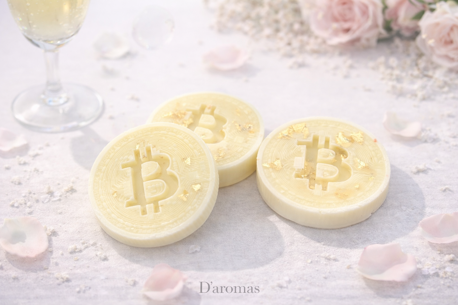Wax melt criptomoneda en forma de monedas, decoradas con hojas doradas y rodeadas de pétalos de rosa.